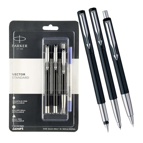 Parker Functional Vector Standard Triple Black Body Color, Fountain Pen, Roller Ball Pen & Ball Pen Gift Set, Blue Ink, Pack Of 1