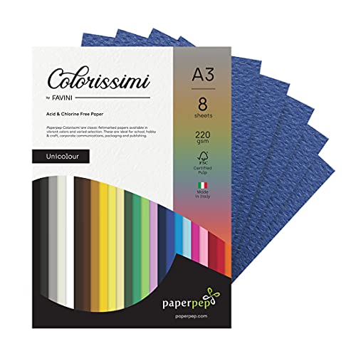 PaperPep Colorissimi 220GSM Card Stock A3 Cobalto (Dark Blue) Unicolor 8 Sheets