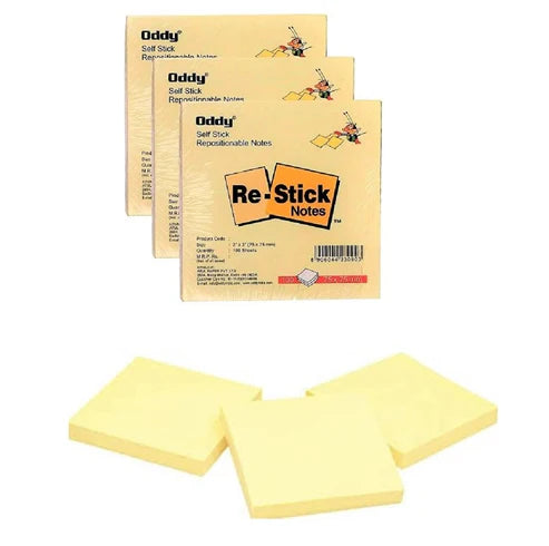 Oddy Re-Stick Notes, (RS 3x3), Yellow Sticky Note pad, (3" x 3"), 100 Sheet, Pack of 1