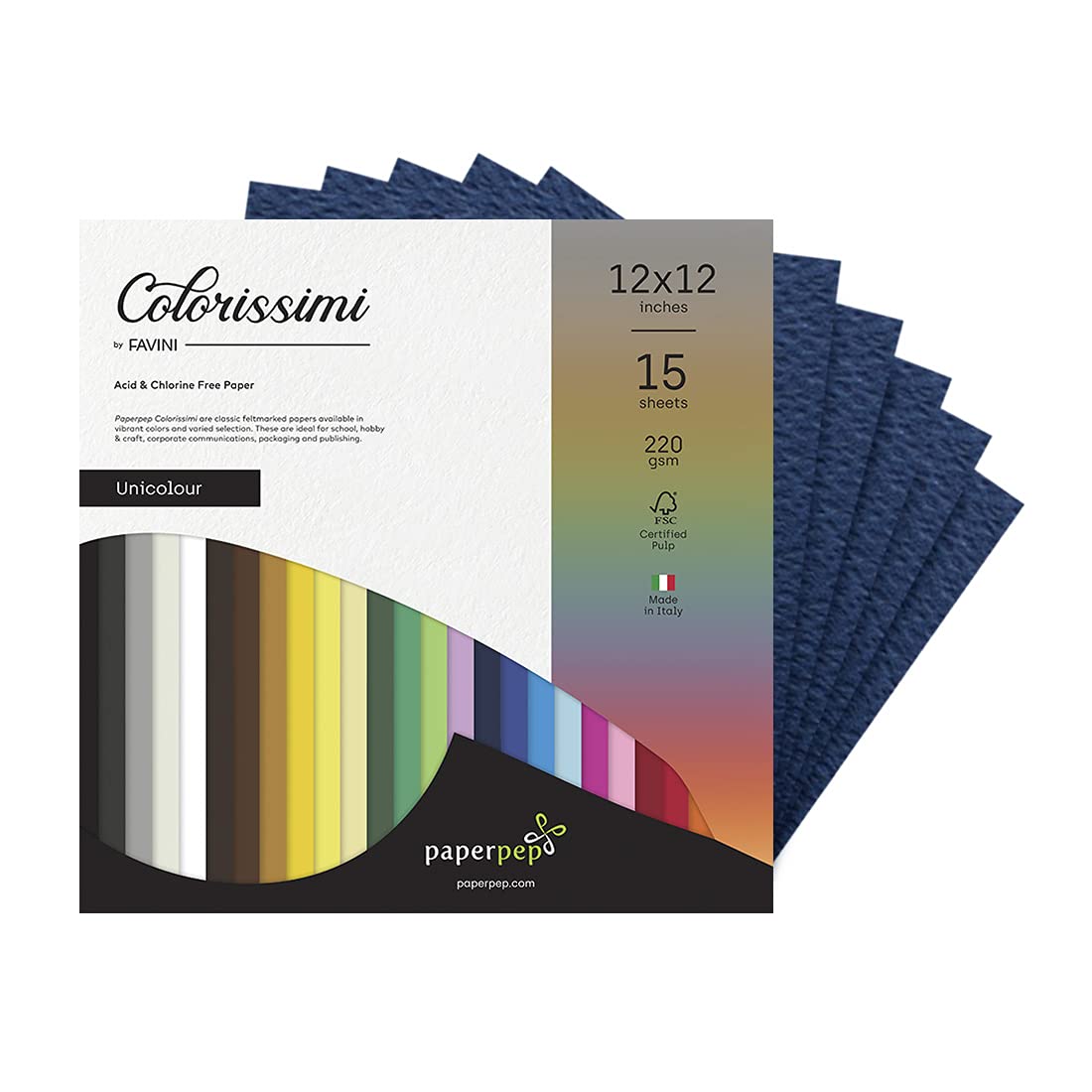 PaperPep Colorissimi 220GSM Card Stock 12"X12" Indaco (Navy Blue) Unicolor 15 Sheets