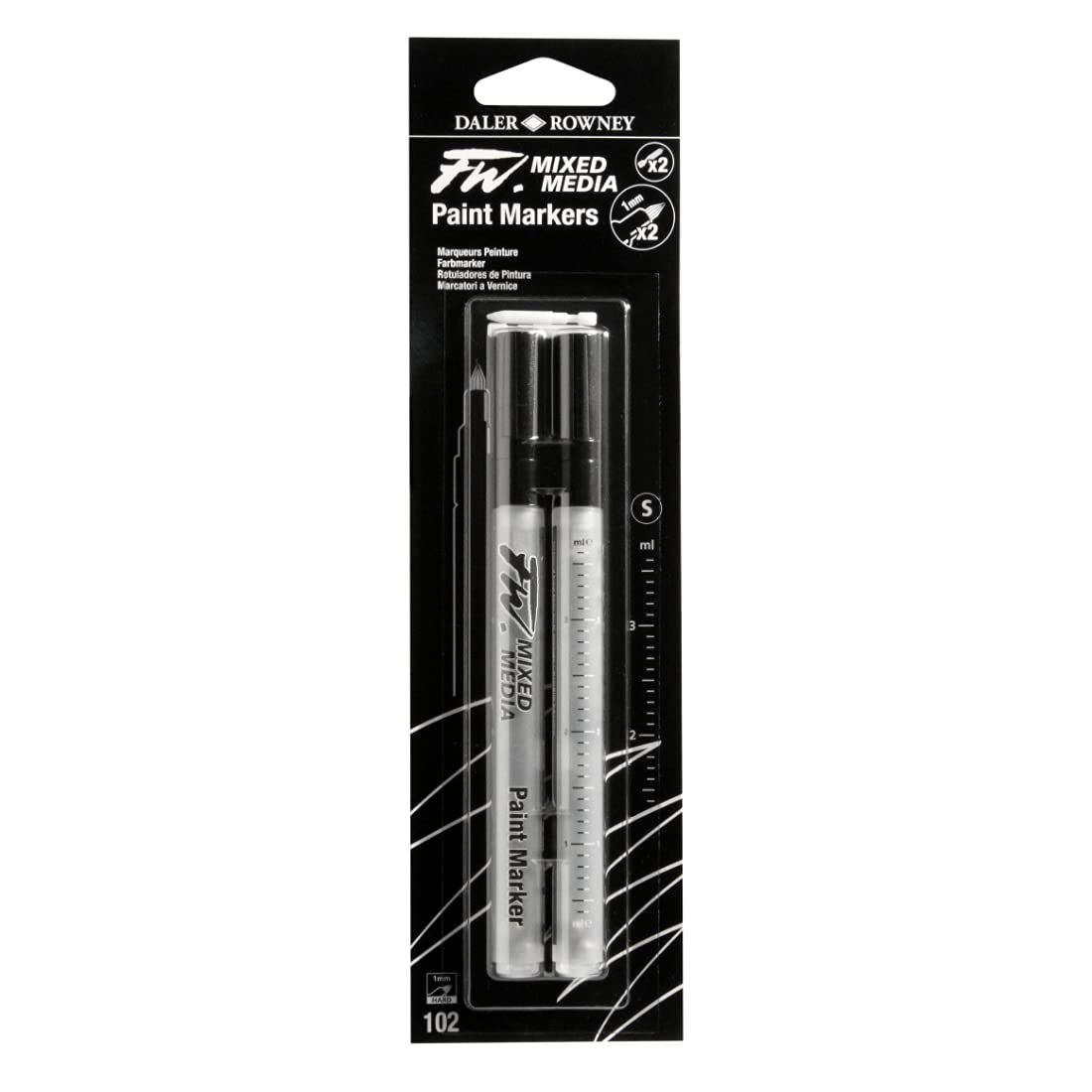 Dlaer Rowney FW 0.8mm Mixed Media Paint Marker, 2 x Small Barrels, Hard Point Nibs, Black, Pack Of 1