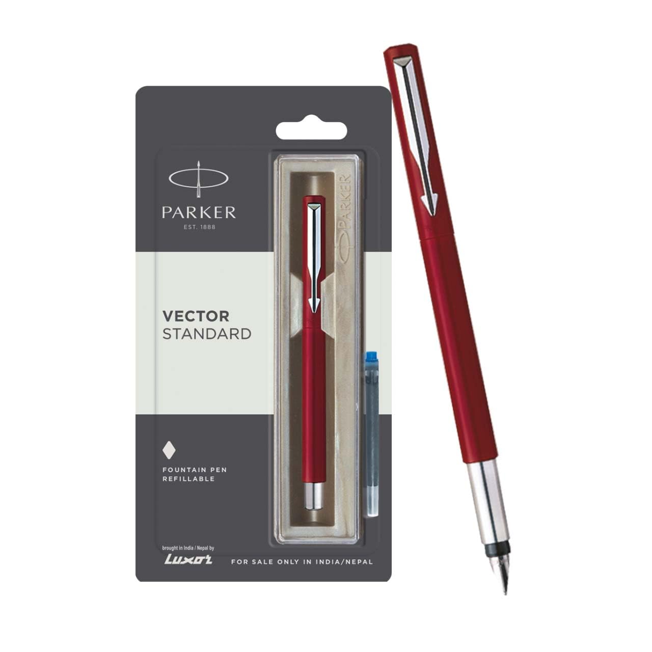 Parker Functional Vector Standard Fountain Pen Fine Tip With 1 Ink Cartridge Red Body Color, Blue Ink, Pack Of 1