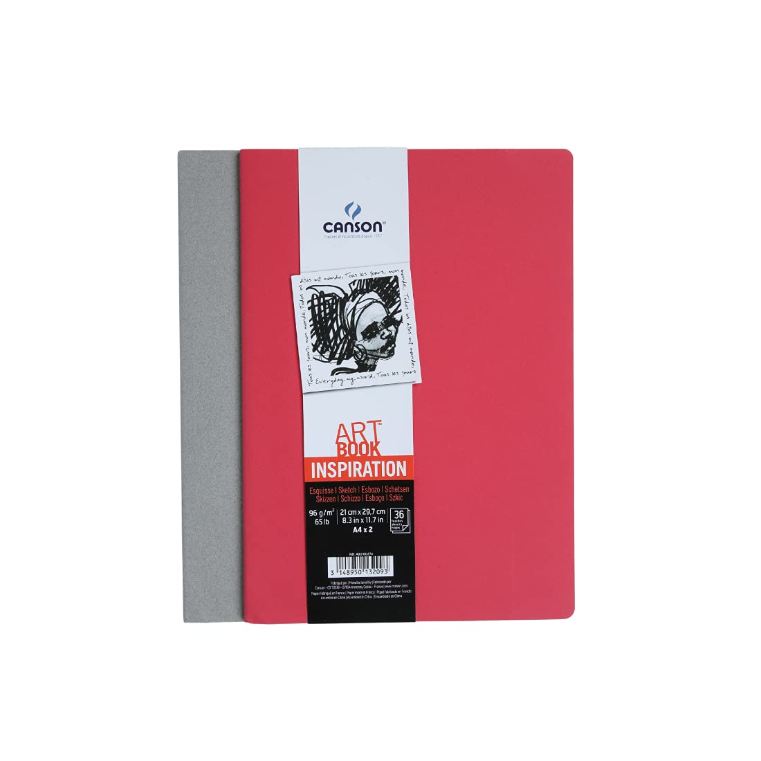 Canson Inspiration 96 GSM Light Grain A4 Hardbound Books, Bright Red & Steel Grey, 36 Sheets, Pack of 2