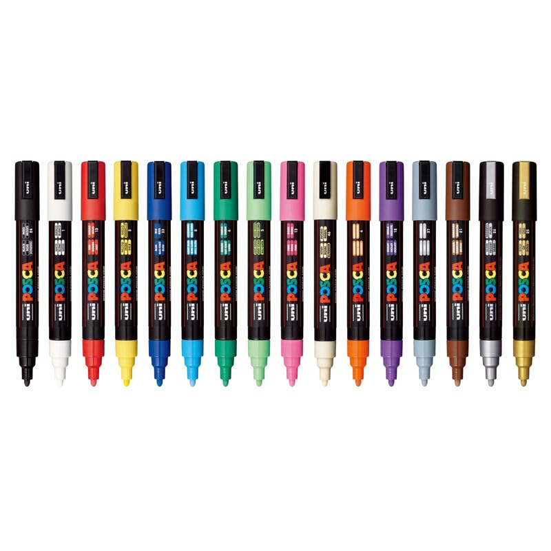 uni-ball Posca 5M 1.8-2.5mm Bullet Shaped Markers, Multicolor Ink, Pack of 16