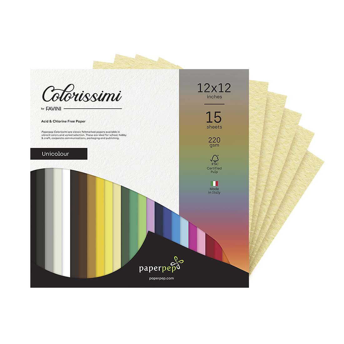 PaperPep Colorissimi 220GSM Card Stock 12"X12" Camoscio (Pastel Yellow) Unicolor 15 Sheets