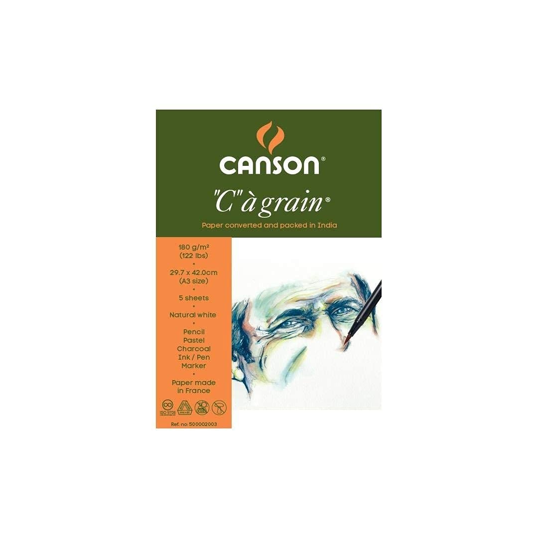 Canson C  Grain Drawing 180 GSM Fine Grain A3 Paper Sheets (Natural White- 5 Sheets)