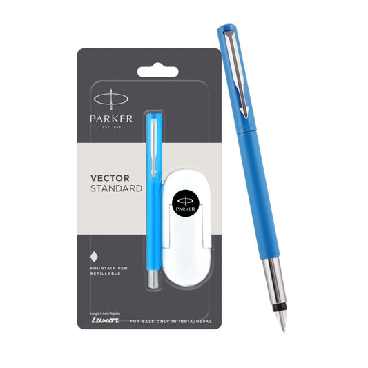 Parker Functional Vector Standard Fountain Pen Chrome Trim Fine Nib Blue Body Color, 3 Free Ink Cartridge, Blue Ink, Pack Of 1