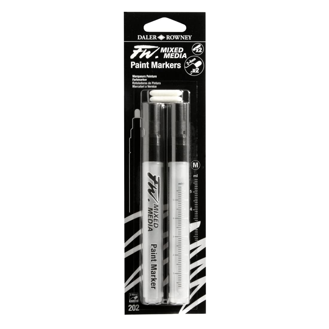 Dlaer Rowney FW 2-4mm Mixed Media Paint Marker, 2 x Medium Barrels, Round Nibs, Black, Pack Of 1