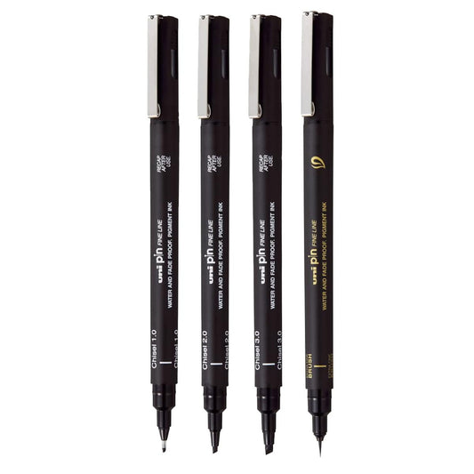 uni-ball PIN-200 CS1,CS2,CS3 & Brush Pen, Black Ink, Pack of 4