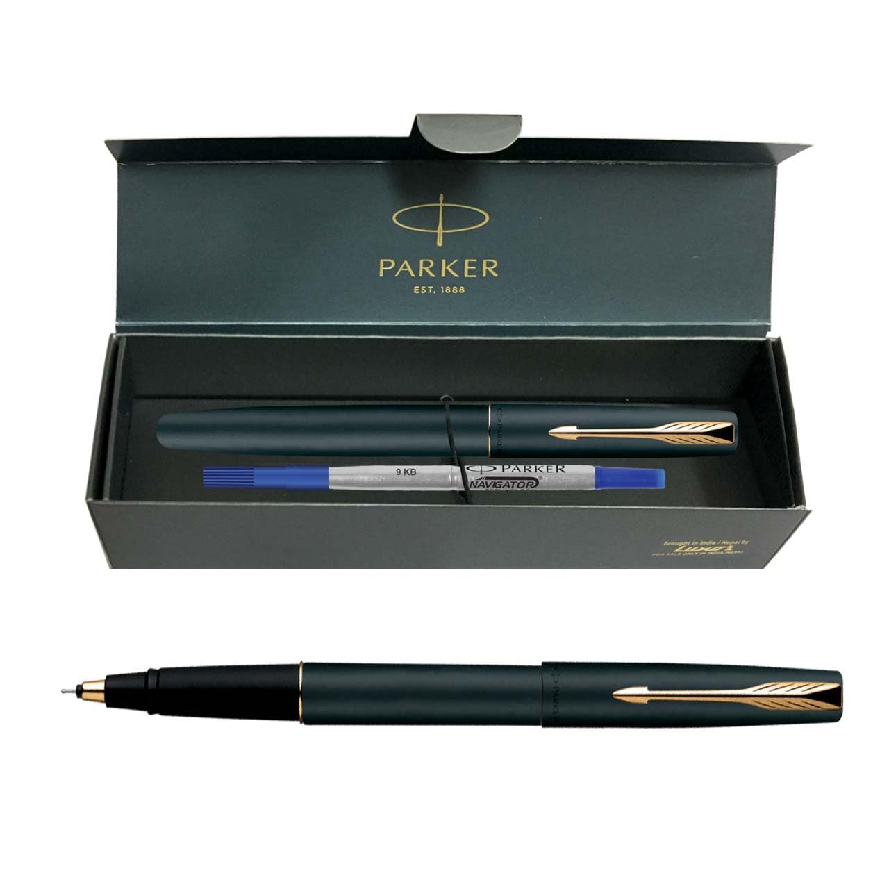 Parker Functional Frontier Matt Black Gold Trim Roller Ball Pen, Blue Ink, Pack Of 1