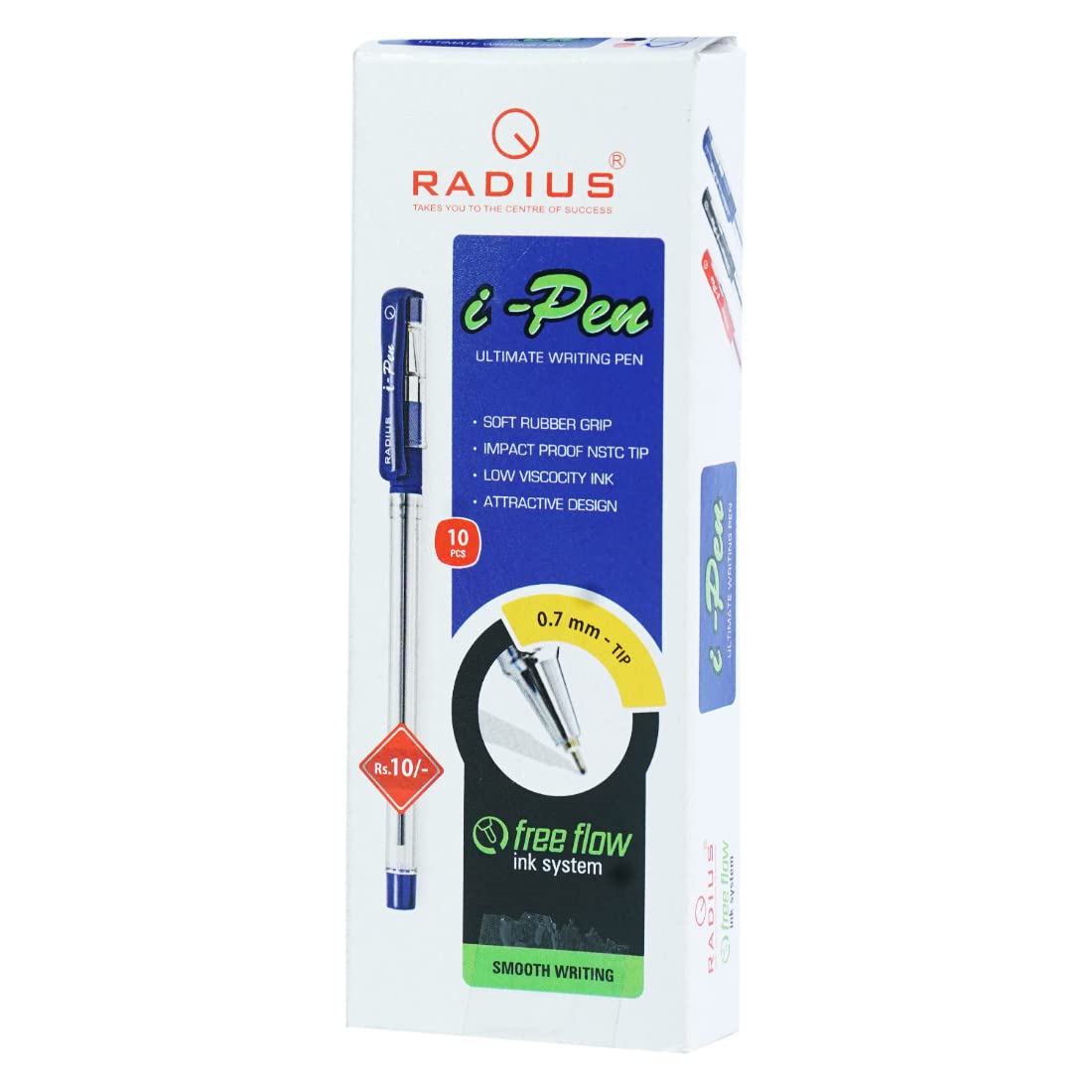 Radius i-Pen Push Cap 10 Pcs Ball Point Pen, 0.7 mm, Blue Ink, Pack of 1