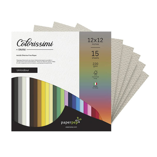 PaperPep Colorissimi 220GSM Card Stock 12"X12" Grigio (Light Grey) Unicolor 15 Sheets