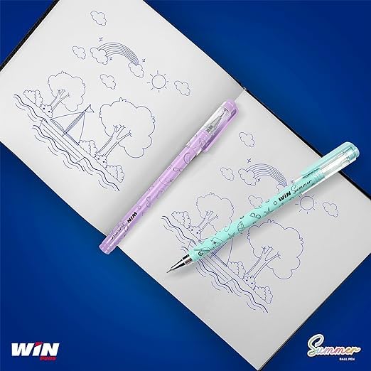 Win Summer Ball Pen, 0.7mm, Blue Ink, Pack of 10 Card Pack