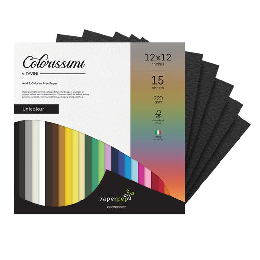 PaperPep Colorissimi 220GSM Card Stock 12"X12" Nero (Black) Unicolor 15 Sheets