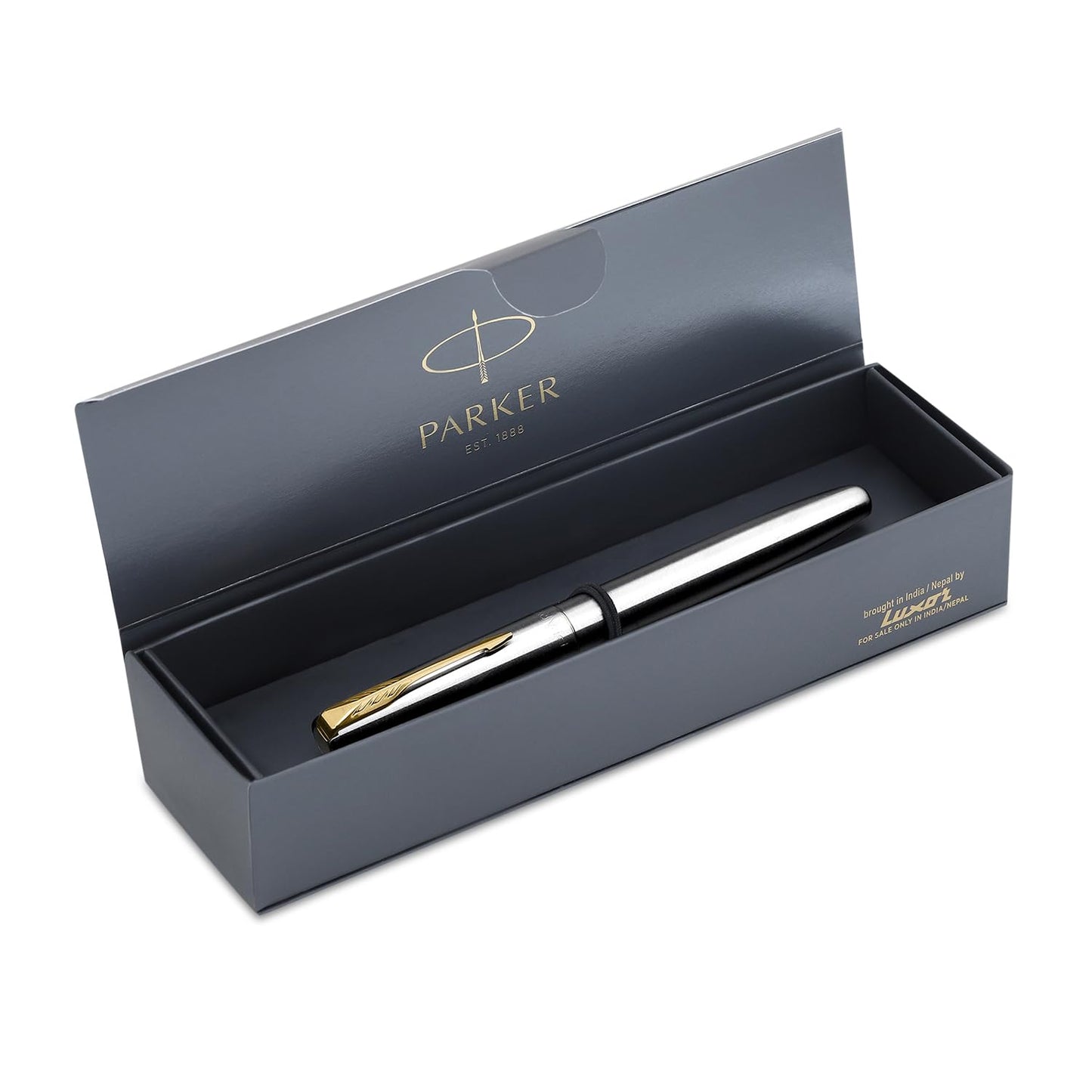 Parker Functional Frontier Stainless Steel Gold Trim Fountain Pen, Blue Ink, Pack Of 1