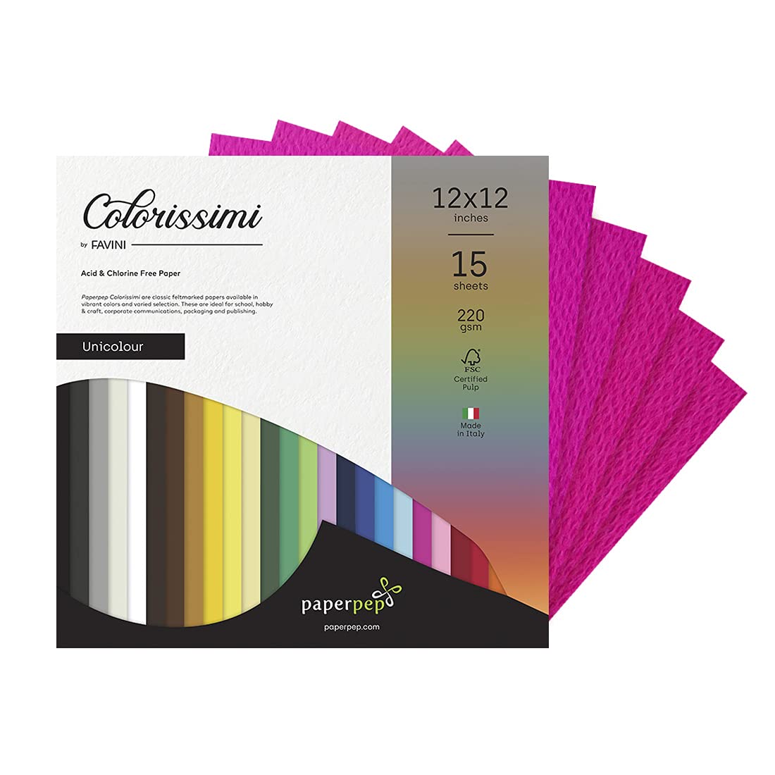 PaperPep Colorissimi 220GSM Card Stock 12"X12" Ciclamino (Dark Pink) Unicolor 15 Sheets