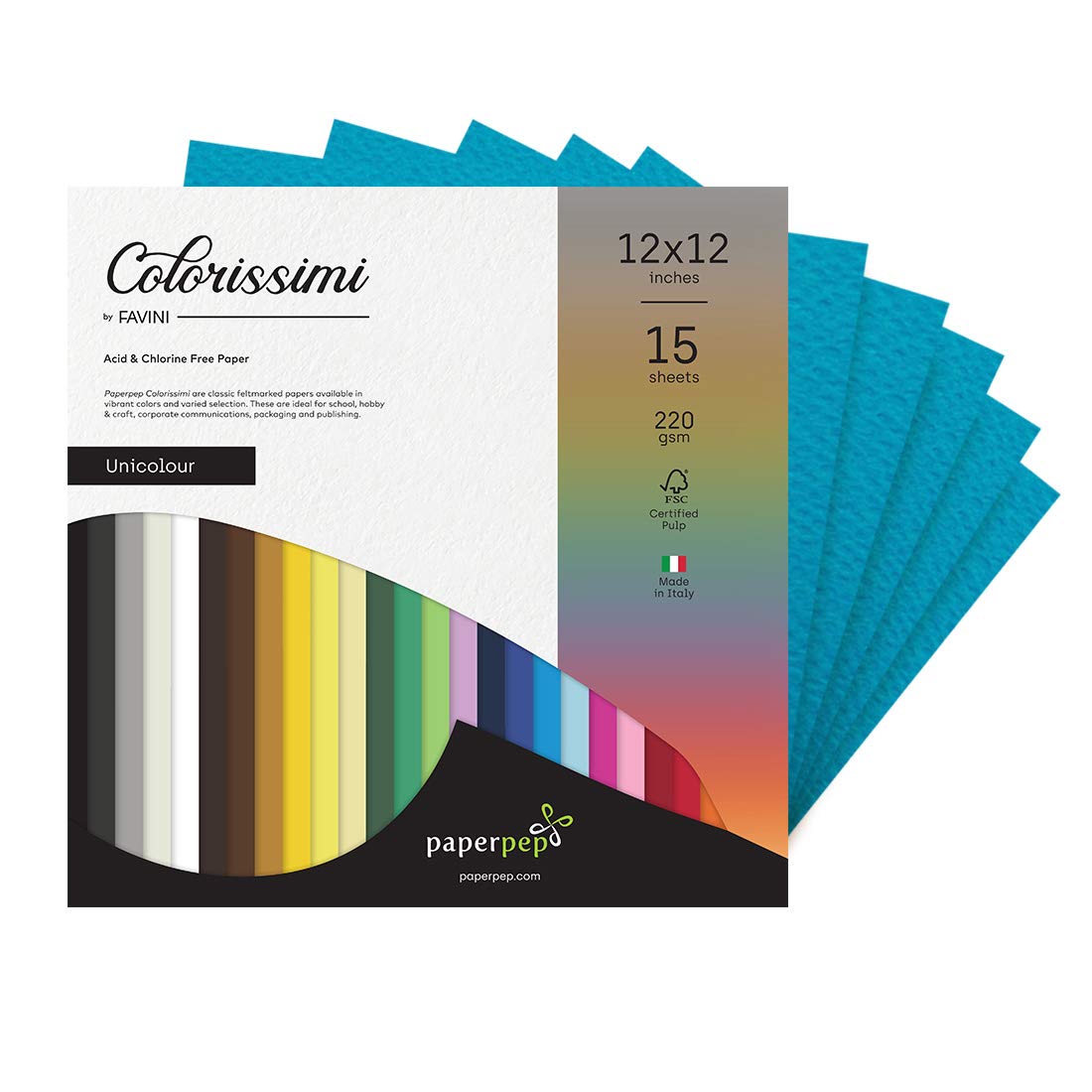 PaperPep Colorissimi 220GSM Card Stock 12"X12" Oceano (Blue) Unicolor 15 Sheets