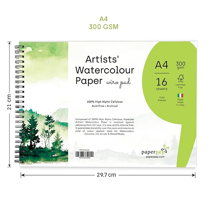 PaperPep Artists' Watercolour Wiro Pads 300GSM Cold Pressed A4 16 Sheets