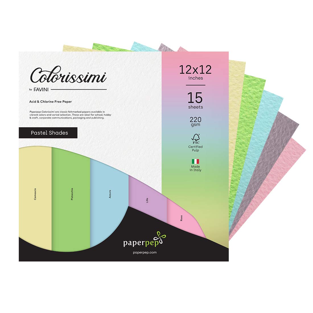 PaperPep Colorissimi 220GSM Card Stock 12"X12" Pastel Shades Assorted 15 Sheets