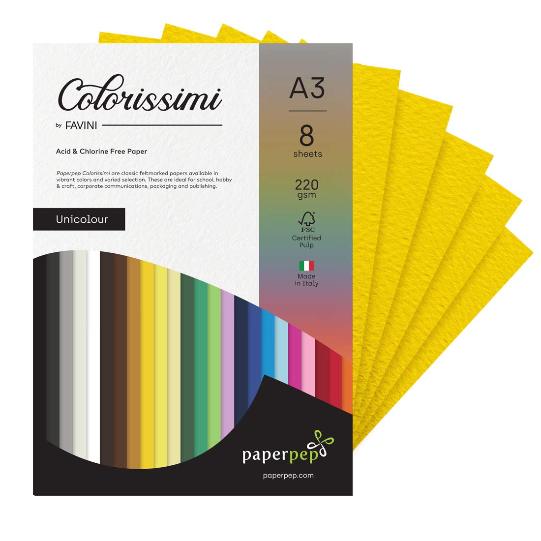 PaperPep Colorissimi 220GSM Card Stock A3 Cedro (Yellow) Unicolor 8 Sheets