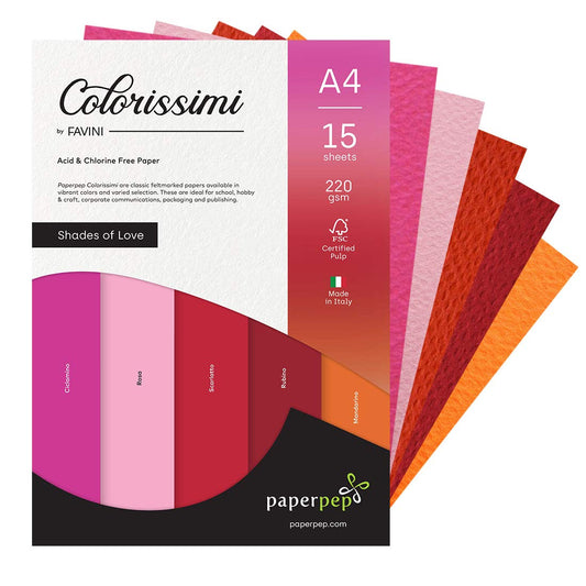 PaperPep Colorissimi 220GSM Card Stock A4 Shades of Love Assorted 15 Sheets