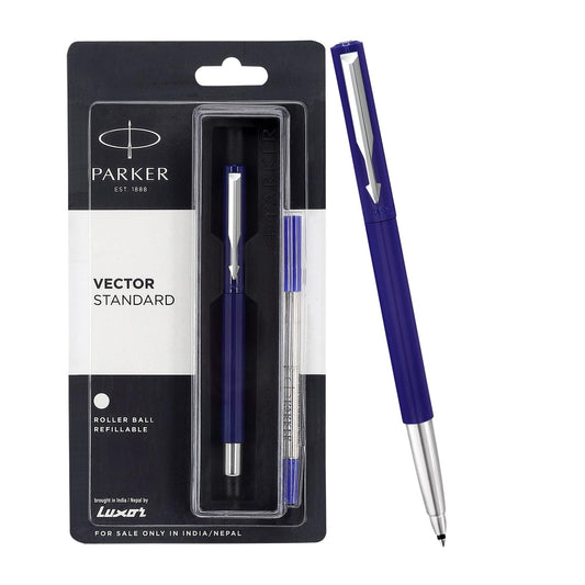 Parker Vector Standard Chrome Trim Roller Ball Pen, Blue Body Color, Ink Color : Blue