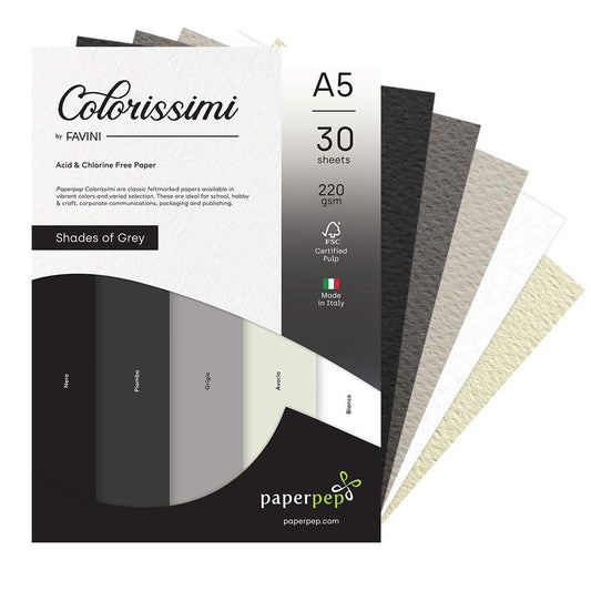 PaperPep Colorissimi 220GSM Card Stock A5 Shades of Grey Assorted 30 Sheets