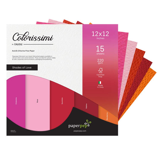 PaperPep Colorissimi 220GSM Card Stock 12"X12" Shades of Love Assorted 15 Sheets