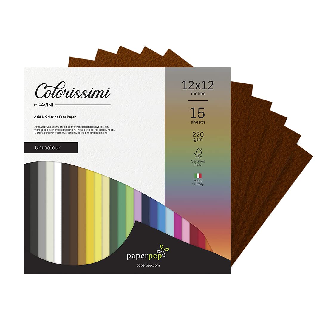 PaperPep Colorissimi 220GSM Card Stock 12"X12" Cioccolato (Chocolate) Unicolor 15 Sheets