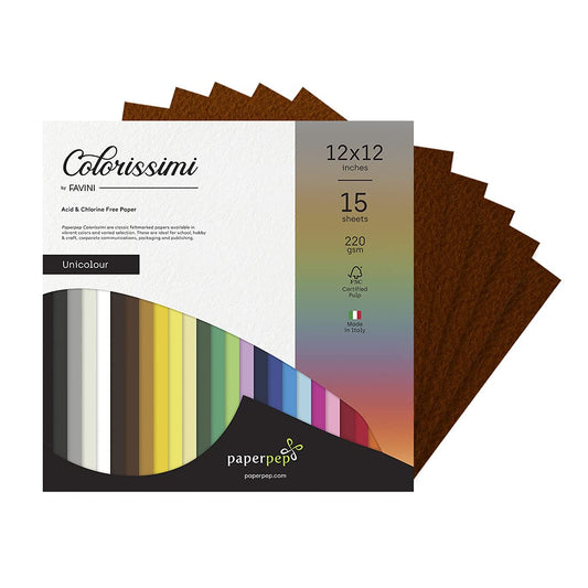 PaperPep Colorissimi 220GSM Card Stock 12"X12" Cioccolato (Chocolate) Unicolor 15 Sheets