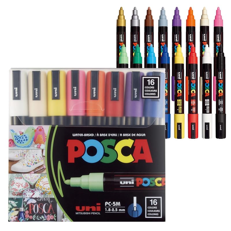 uni-ball Posca 5M 1.8-2.5mm Bullet Shaped Markers, Multicolor Ink, Pack of 16