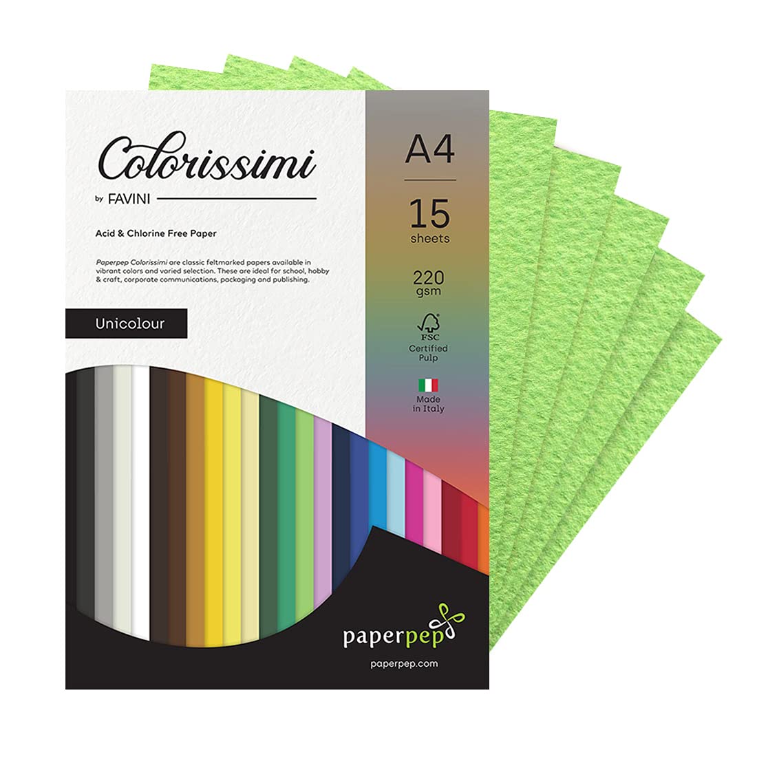 PaperPep Colorissimi 220GSM Card Stock A4 Pistacchio (Pastel Green) Unicolor 15 Sheets