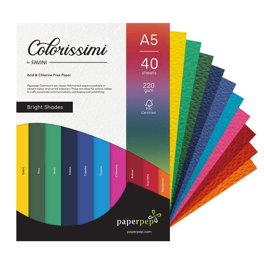 PaperPep Colorissimi 220GSM Card Stock A5 Bright Shades Assorted 40 Sheets