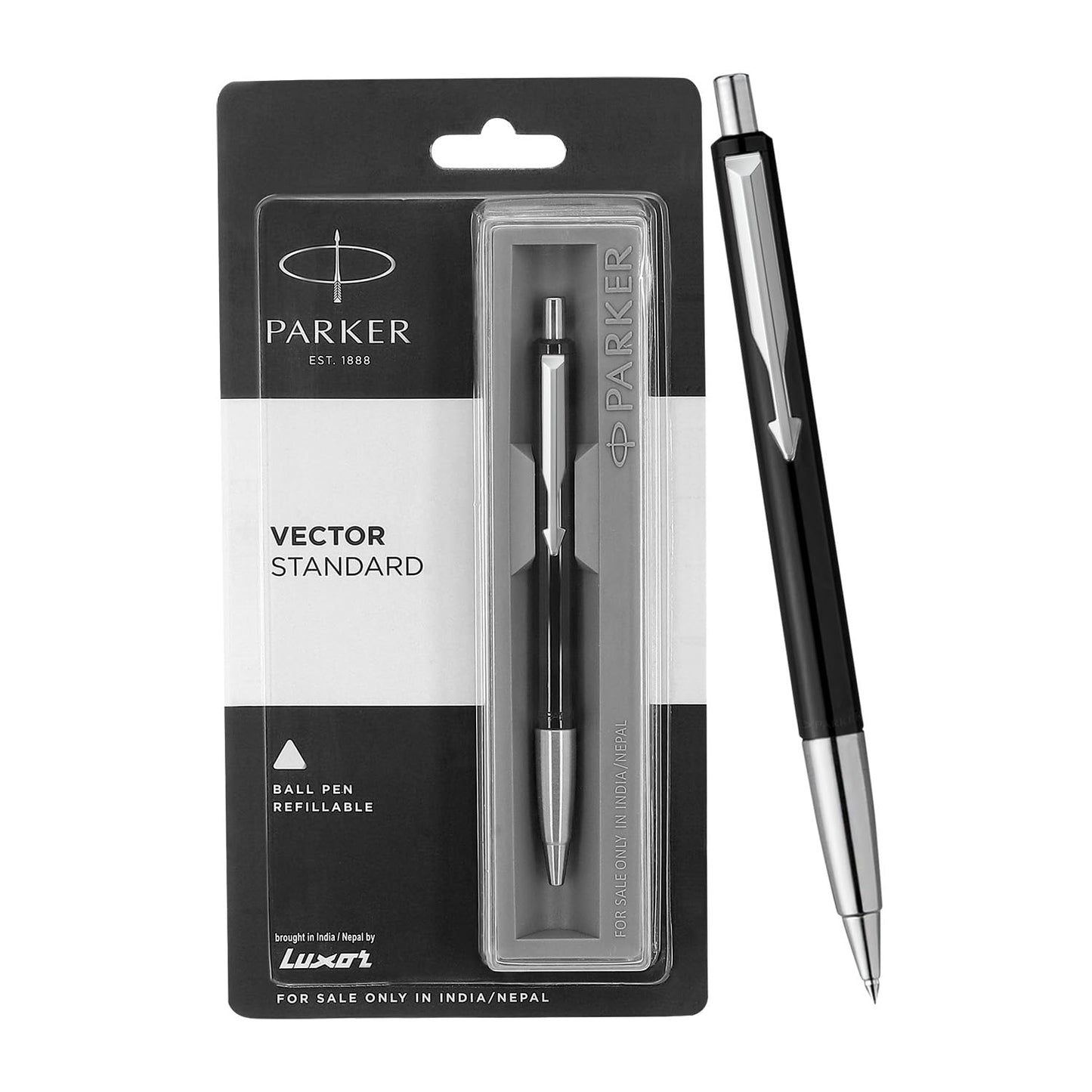 Parker Functional Vector Standard Chrome Trim Black Body Color Ball Pen , Blue Ink, Pack Of 1