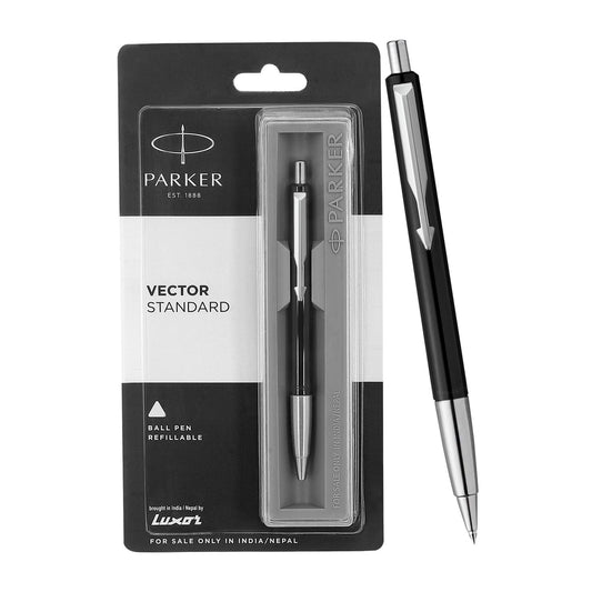 Parker Functional Vector Standard Chrome Trim Black Body Color Ball Pen , Blue Ink, Pack Of 1