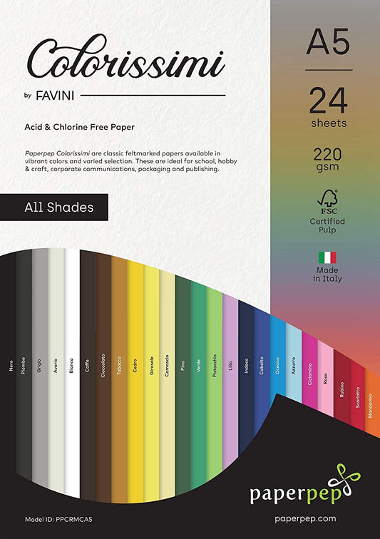 PaperPep Colorissimi 220GSM Card Stock A5 Multicolor Shades Assorted 24 Sheets