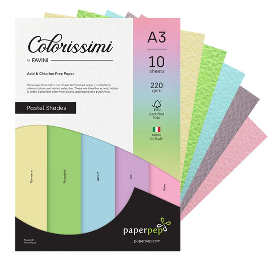 PaperPep Colorissimi 220GSM Card Stock A3 Pastel Shades Assorted 10 Sheets