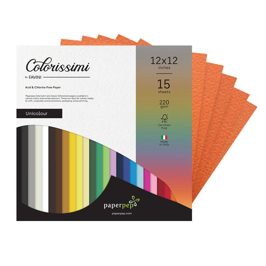 PaperPep Colorissimi 220GSM Card Stock 12"X12" Mandarino (Orange) Unicolor 15 Sheets