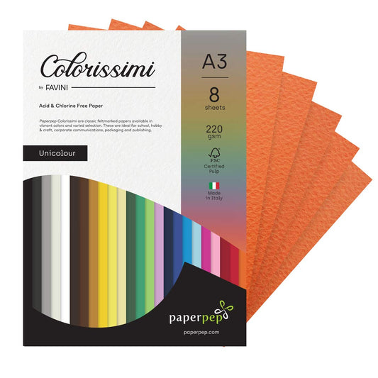 PaperPep Colorissimi 220GSM Card Stock A3 Mandarino (Orange) Unicolor 8 Sheets