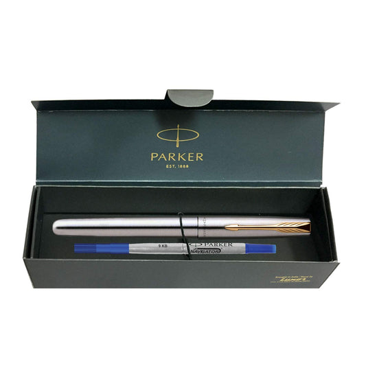 Parker Functional Frontier Stainless Steel Gold Trim Roller Ball Pen, Blue Ink, Pack Of 1