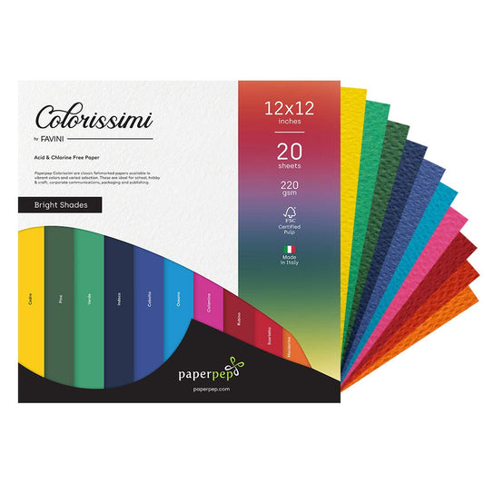 PaperPep Colorissimi 220GSM Card Stock 12"X12" Bright Shades Assorted 20 Sheets