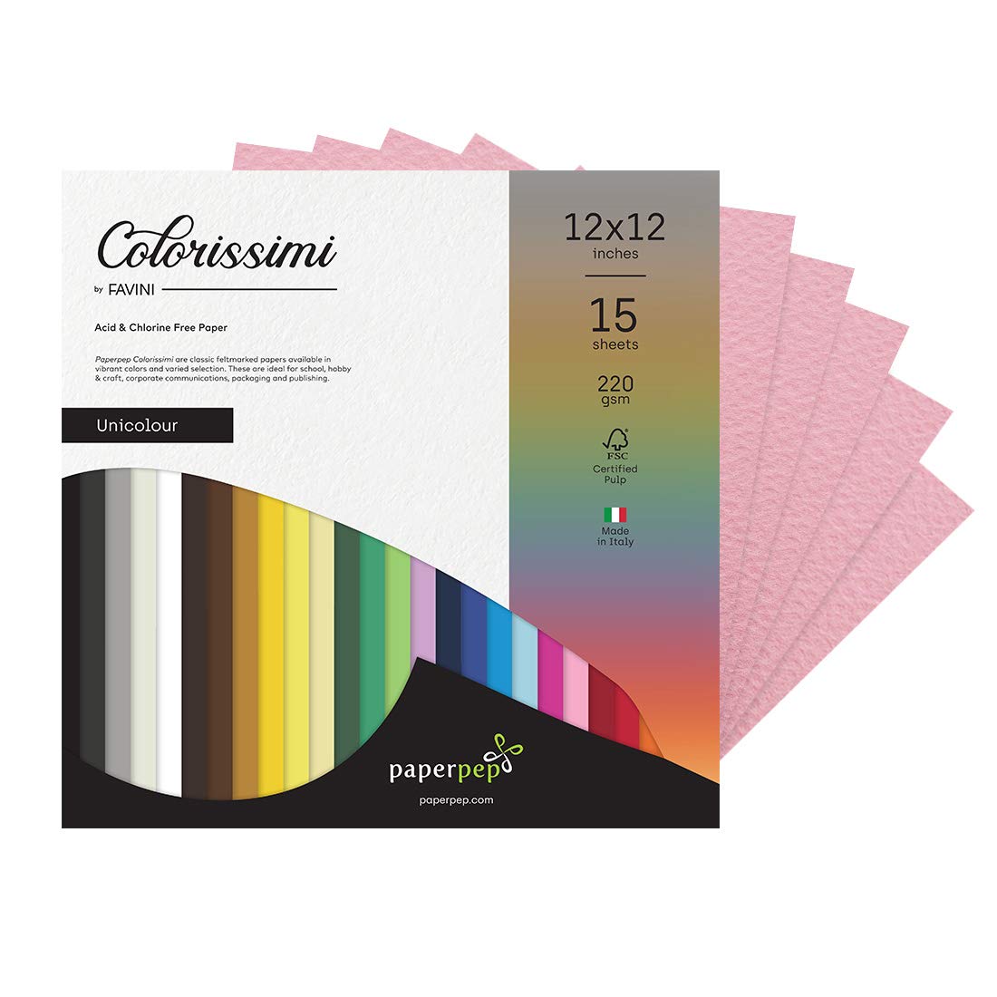 PaperPep Colorissimi 220GSM Card Stock 12"X12" Rosa (Baby Pink) Unicolor 15 Sheets