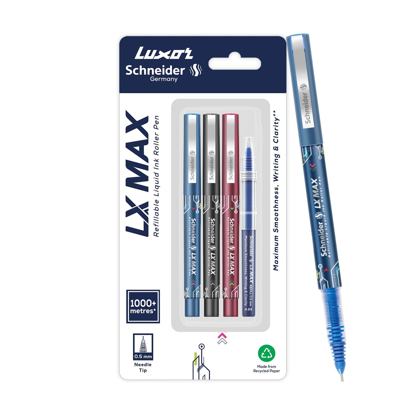 Luxor Schneider, LX MAX Roller Ball Pen, Blue, Black, Red, 1 Refill