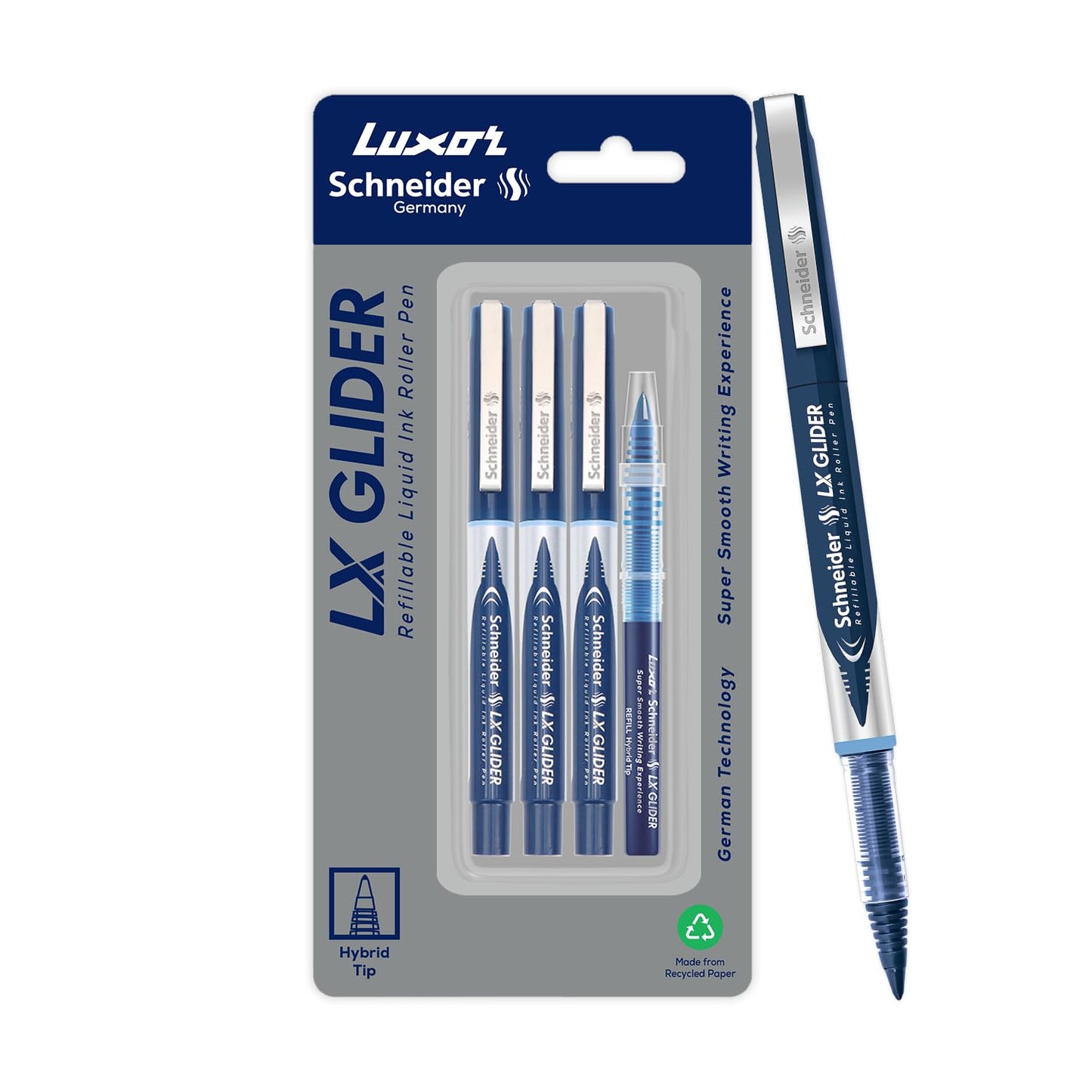 Luxor Schneider, LX Glider Pens, Pack of 3, Ink- Blue,  1 Refill