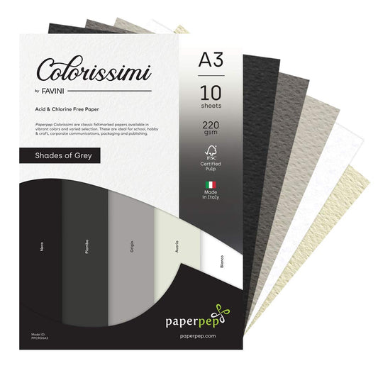 PaperPep Colorissimi 220GSM Card Stock A3 Shades of Grey Assorted 10 Sheets