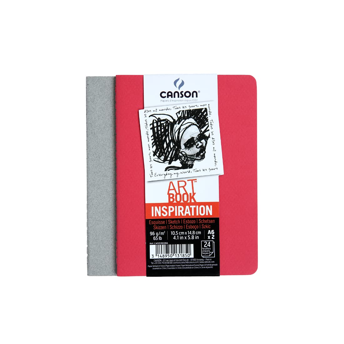 Canson Inspiration 96 GSM Light Grain A6 Hardbound Books, Bright Red & Steel Grey, 24 Sheets, Pack of 2