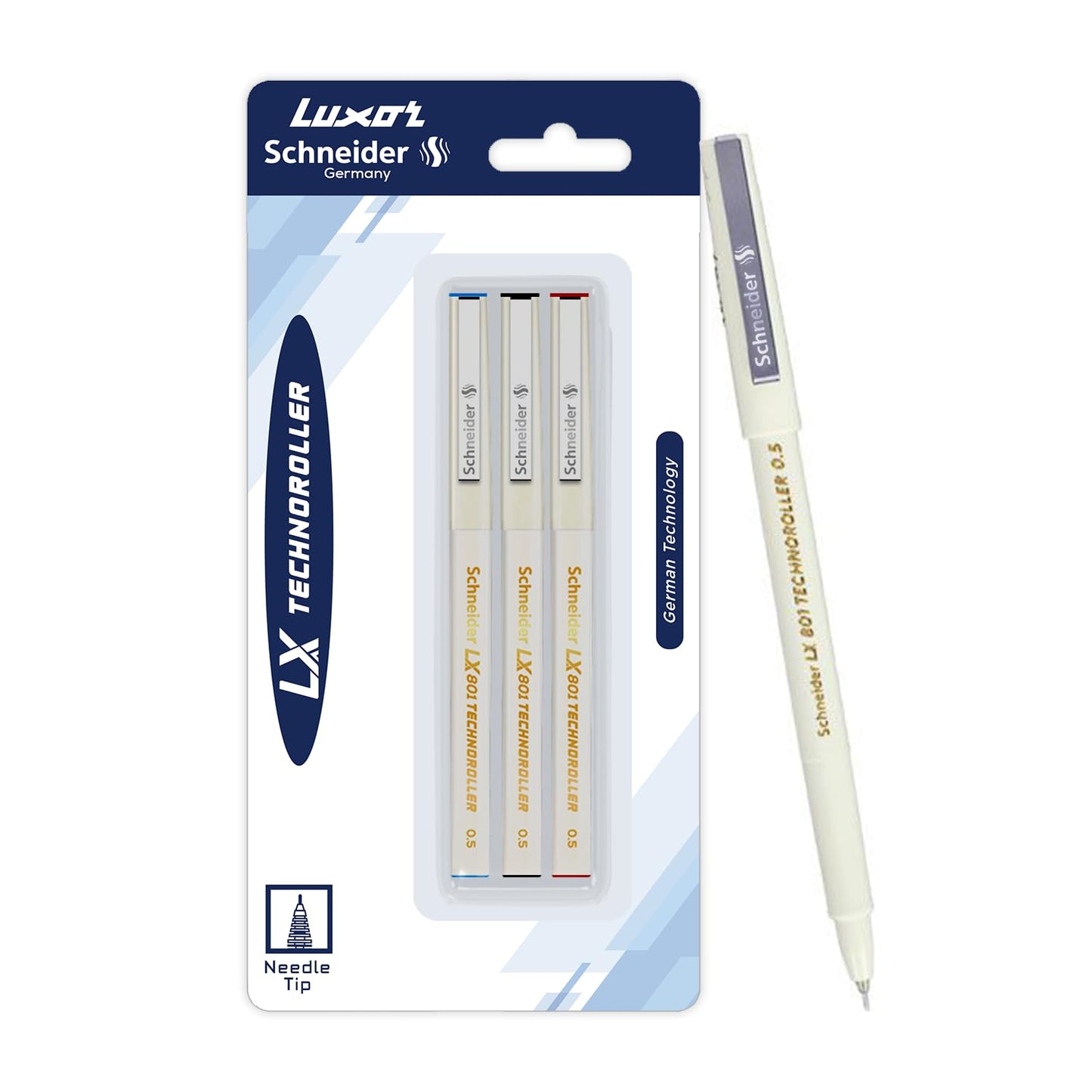 Luxor Schneider LX 801 Technoroller, Roller Ball Pen, Pack of 3 -(Blue, Black, Red)