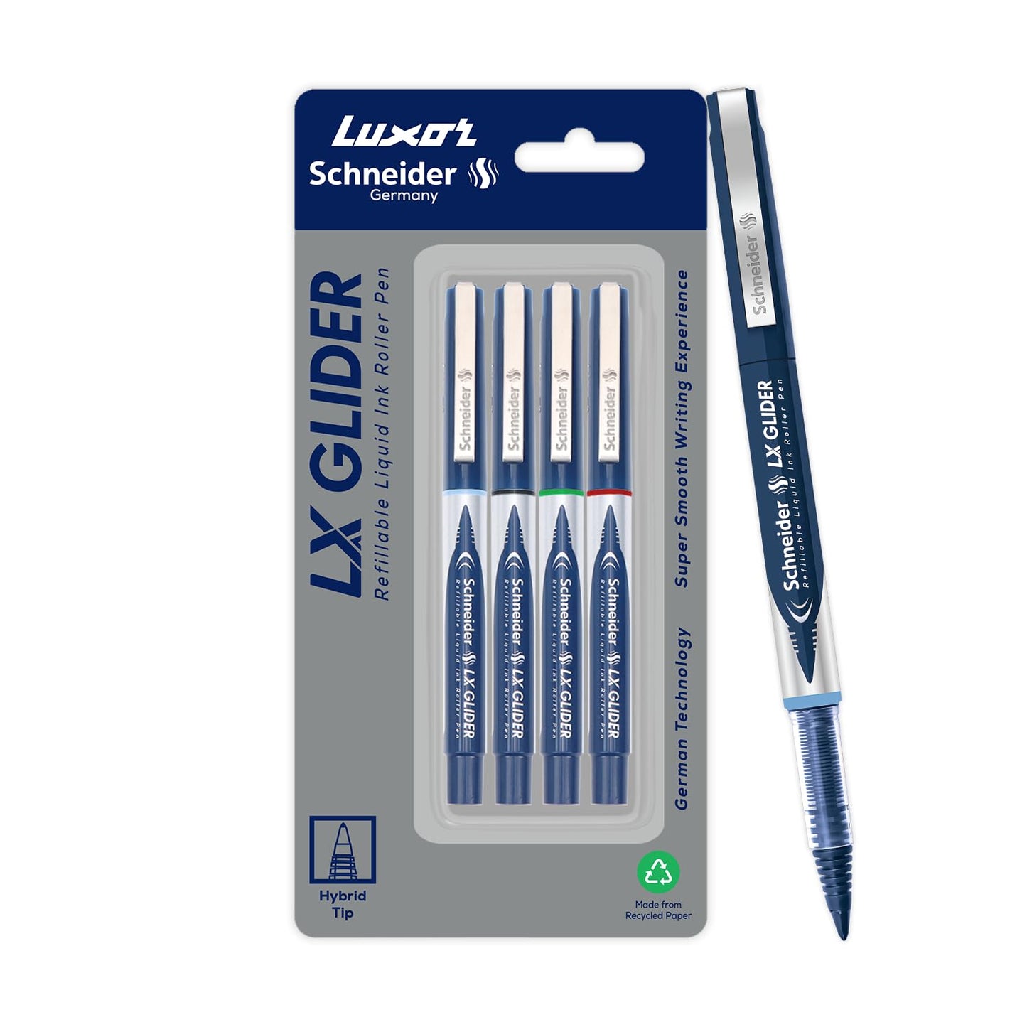 Luxor Schneider, LX Glider Pens, Assorted, Pack of 4, Ink- (Blue, Black, Green, Red)