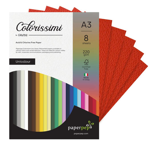 PaperPep Colorissimi 220GSM Card Stock A3 Scarlatto (Red) Unicolor 8 Sheets