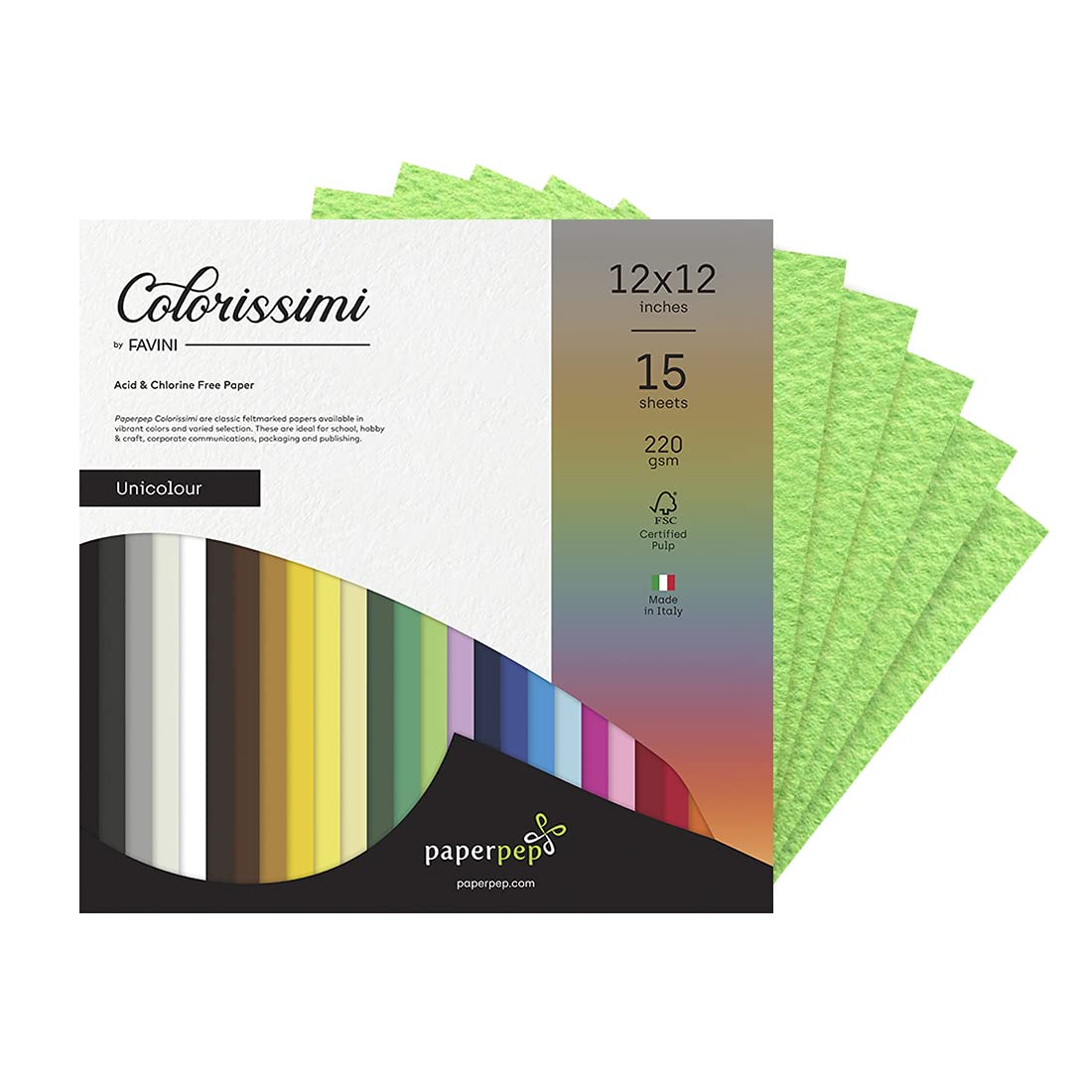 PaperPep Colorissimi 220GSM Card Stock 12"X12" Pistacchio (Pastel Green) Unicolor 15 Sheets